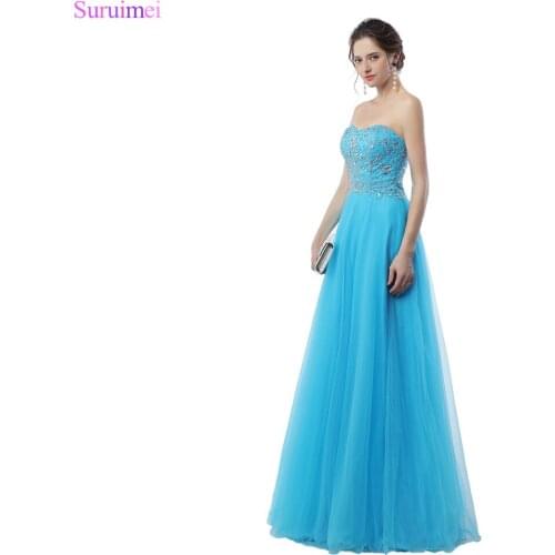 Light Blue Prom Dresses Exquisite Beaded Crystals High Quality Tulle Floor Length Corset Lace Up Formal Girls Prom Gown