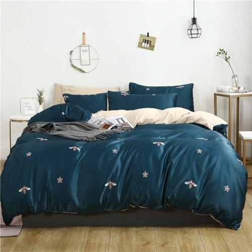 Washed Silk Comfortable AB Side Bedding Set Queen King Size Double Bed Sheet Pillow Cases Duvet Cover Blackish Green Bees