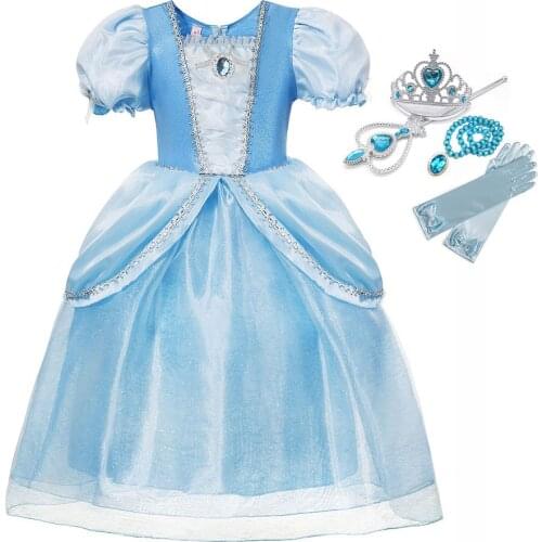Summer Dress Cinderella Girls Cosplay Costume Kids Clothes For Girl Princess Dress Ball Gown For Birthday Party Crown Gloves