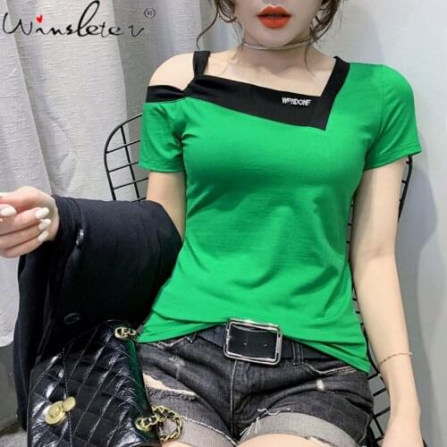 Summer Korean Clothes Cotton T-Shirt Girls Fashion Sexy Spliced Off Shoulder Women Tops Short Sleeve Slim Tees New 2021 T13123A