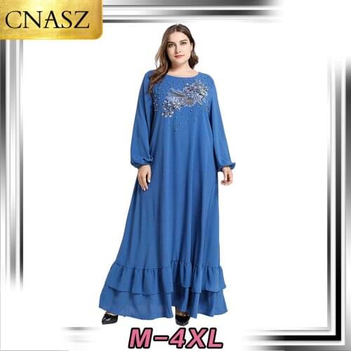 Middle East Muslim Large Size Women Islamic Turkey Embroidered Beaded Long-Sleeved Large Swing Muslim Skirt Dubai Arab Morrocan