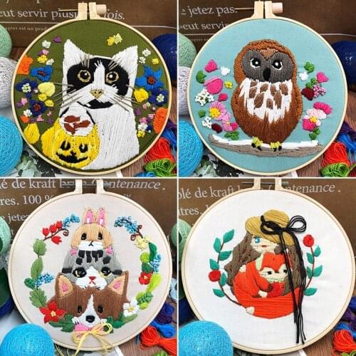 Cartoon Dog DIY Embroidery Starter Kit Needlework Cross Stitch Set With Bamboo Hoop for Beginner Sewing Art Craft Home Decor