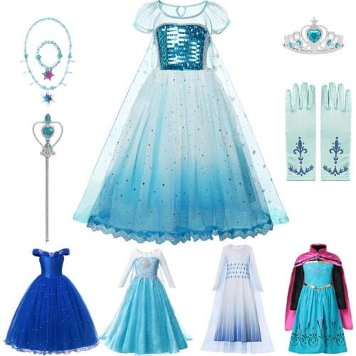 Elsa Snow Queen Dress Princess Cosplay Costume Summer Sequin Gradient Tulle Dresses with Snowflake Cloak