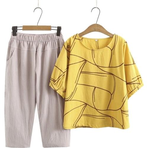 Plus Size XL-4XL Full Cotton Womens 2pieces Summer Sets Embroidery Tops + Elastic Waist Cropped Pants Suits