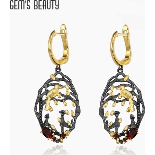GEMS BEAUTY 18K Gold Filled 925 Sterling Silver For Women Earring Lover Bird Vine Fruit With Natural Garnet Earring