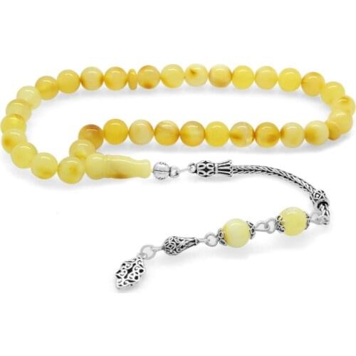 Tesbihane 925 Sterling Silver Tassels Sphere Cut Yellow-White Core Ukraine Drop Amber Prayer Beads