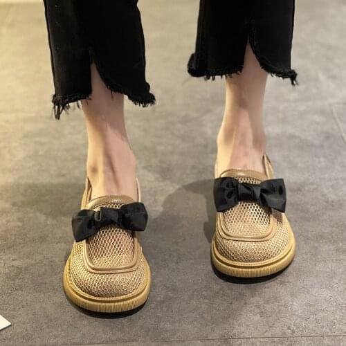 Single Shoes Womens Summer 2021 New Fashion All-match Bow Mesh Hollow Thick Heel Non-slip Loafers
