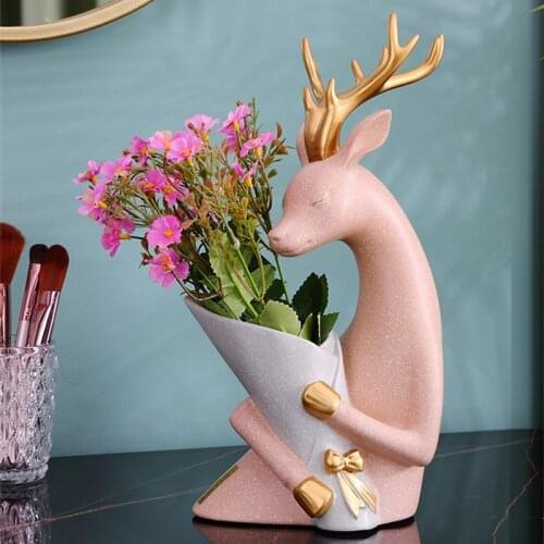 Creative Deer Figurines Resin Ornaments Home Decoration Accessories Modern Living Room Office Desktop Craft Flower Vase Decor