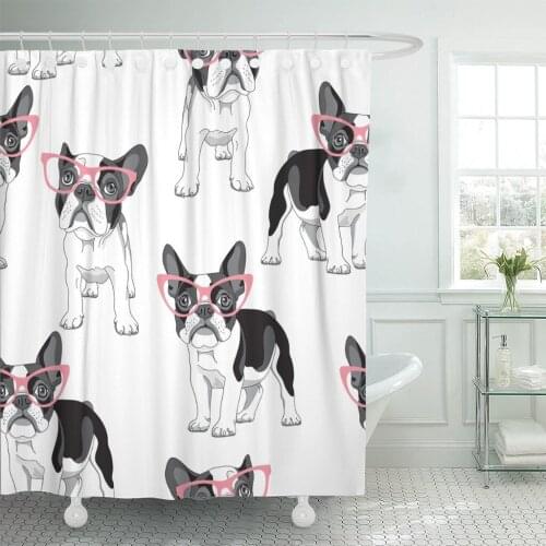 Pattern Cartoon French Bulldog in Pink Glasses on Frenchie Shower Curtains Waterproof Polyester Fabric 72 x 78 inches with Hooks