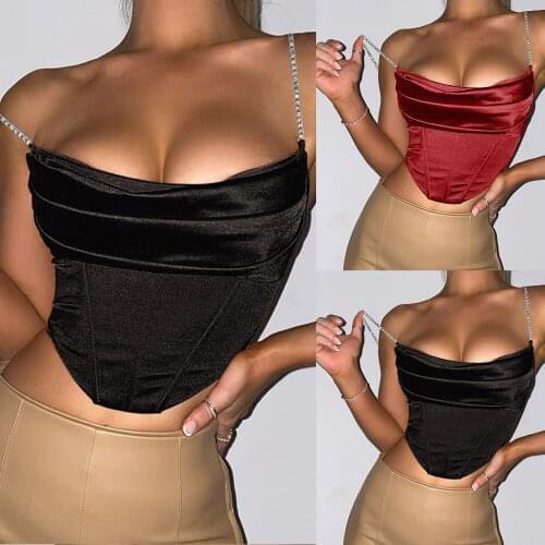 Women Tank Top 2021 Chic Solid Color Gothic PU Corset Top Hot Drill Strappy Crop Tops All-match Sling Slim Short Umbilical Vest