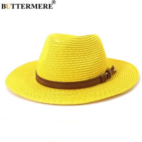 BUTTERMERE Straw Hat Womens Summer Hat British Style Yellow Panama Hat Wide Brim Fedora Wide Brim Sombrero Women Cap 56-58cm