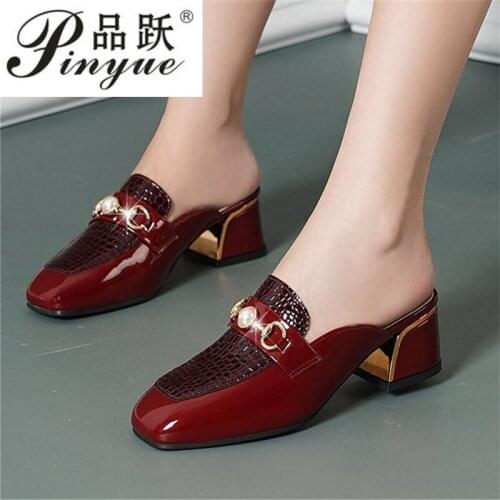 Women Baotou Half Slippers 2021 Fashion Metal Chain Square Toe Thick Heel British Style Office Casual Shoes Spring Summer