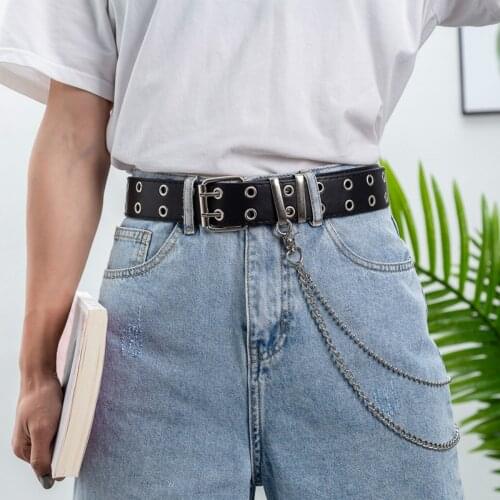 Fashion Punk Metal Eyelet Waist Belt with Chain PU Leather Women Waistband Wild Rivet Pin Buckle Belt Personality Jeans Decor