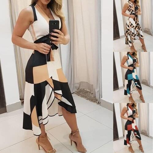 Women Summer Leopard Print Ruffle Midi Dress New Arrival 2021 Fashion Casual Deep V-neck Sleeveless Irregular Slit Dresses Woman