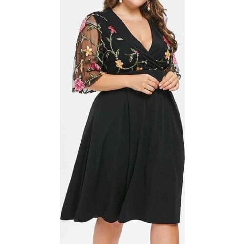 #38 Womens Dress Women Casual Simple Fashion Short Sleeve Large Size Solid Color Embroidered V-neck Sexy Loose Dress