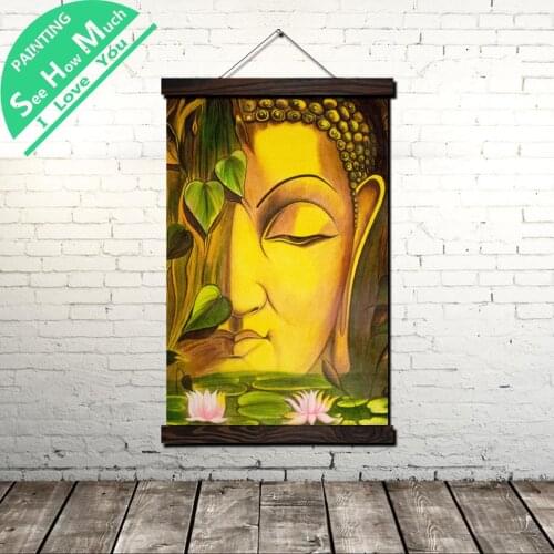 Gold Buddha Face Scroll Painting Canvas Vintage Poster and Prints Wall Art Pictures Living Room Bedroom Farmhouse Decoration