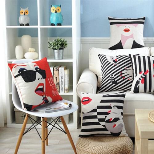 American Literature Red Lips Cotton Linen Pillowcase Fashion Girl Cushions Decorative Pillow Home Decor Sofa Throw Pillows 45*45