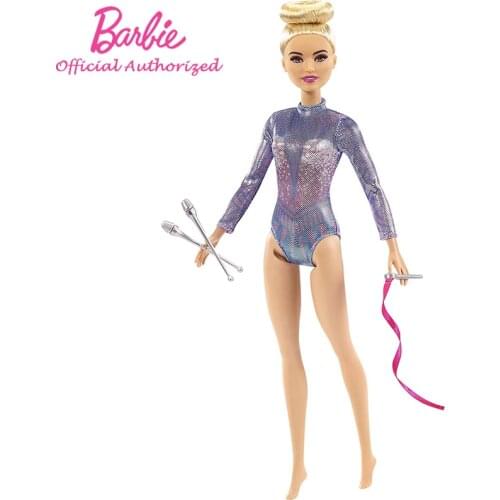 Barbie Brand Rhythmic Gymnast Blonde Doll Kid Toys 12-Inch Colorful Metallic Leotard 2 Clubs & Ribbion Accessory GTN65 For Girl