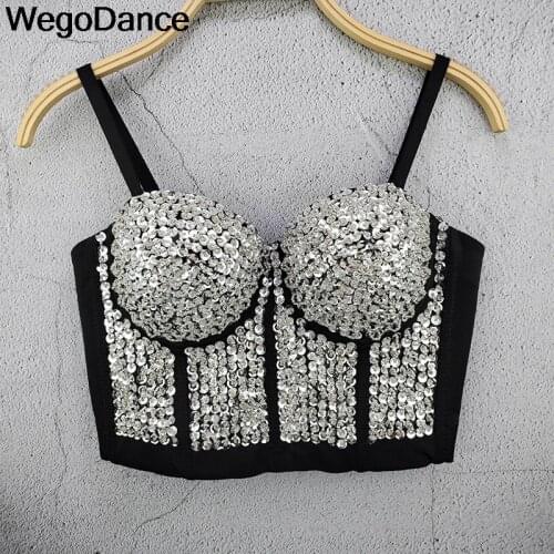 Sexy Bright Beading Sequins Nightclub Push Up Bralette Bra Cropped Wear Out Corset Tops Female Camis Crop Clothes