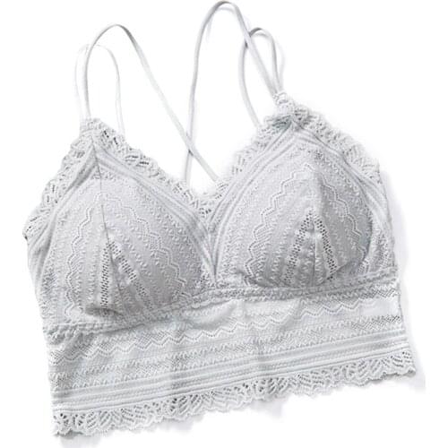 Women Sexy Spaghetti Strap Seamless Bra V-Neck Lace Jacquard Wire Free Bralette Removable Padded Push-Up Underwear Camisole Tube