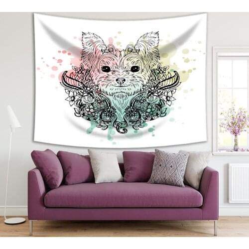 Tapestry Yorkshire Dog Portrait with Flowers Ink Drops Sketch Floral Doodle Style Artwork Black Pink Green Pink