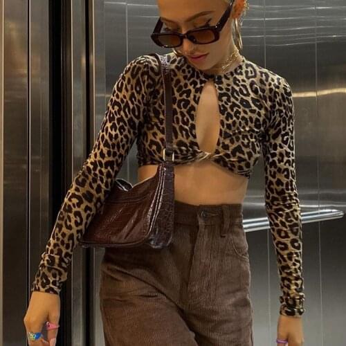 Hirigin 2021 New Sexy Hollow Out T-shirts Crop Tops Club Streetwear Long Sleeve Front Open Cut Out Bodycon Leopard Print T-shirt