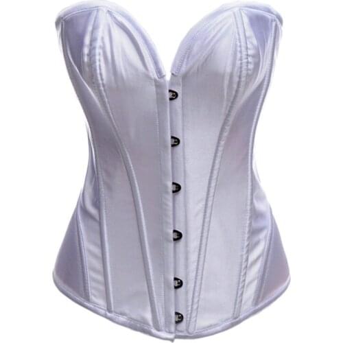 Hot Fashion Steel Boned Overbust Corset Women Satin Metal buckle black red white purple Bustier top + thong S M L XL XXL