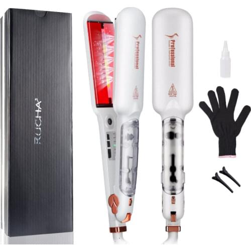 RUCHA Infrared Steam Hair Straightener Dual Voltage 2 Inches Wide Plate Hair Salon Steam Styler Ceramic Tourmaline Flat Iron