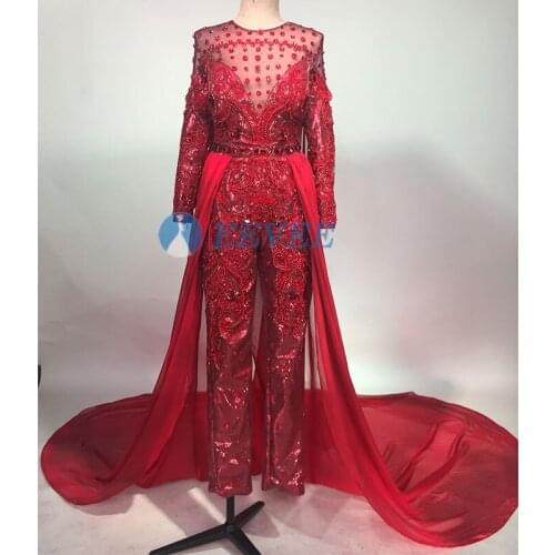 Nightclub Prom Costume Female singer dancer Jazz DJ DS performance Jumpsuit Bar Party show stage outfit red Shining crystals