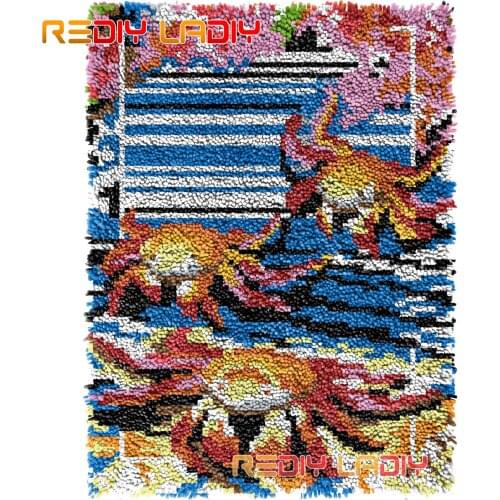 Latch Hook Rug Three Crabs Crocheting Wall Tapestry Kits DIY Carpet Rug Chunky Yarn Needlework Knitted Floor Mat Hobby & Crafts