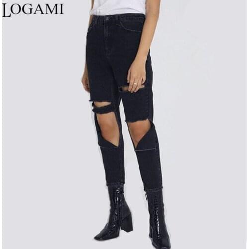 LOGAMI Black Ripped Jeans For Women Destroy Hole Straight Punk Boyfriend Jeans Woman Casual Denim Pants