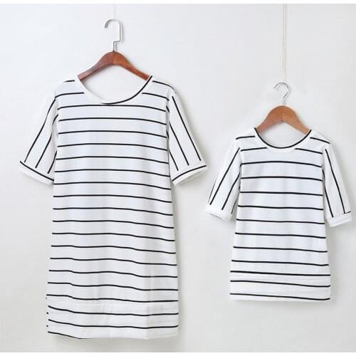 New Parent-child Wear Summer Short-sleeved Striped Mother And Child Dress Cotton Cartoon Wings Print Parent-child Dress