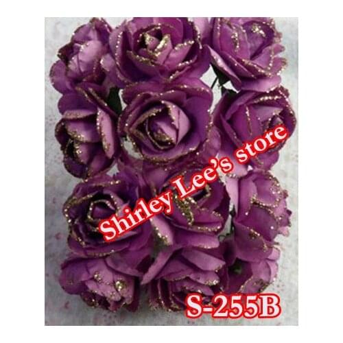 Wholesale--120 bunches=720 Glitter Lilac Paper Rose-- Miniature Open Rose For Gift Box Decoration*Free Shipping