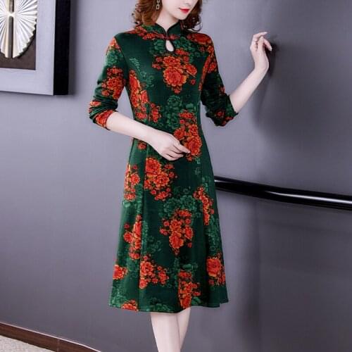 Chinese Style Red Print Cheongsam Hollow Out Sexy Midi Dress Spring Autumn Elegant Bodycon Vestidos Women Vintage Casual Dresses