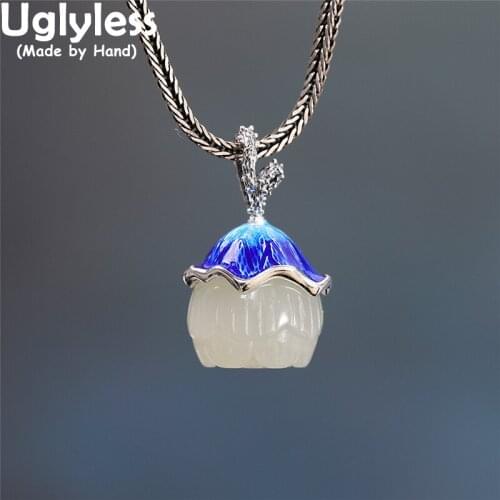 Uglyless Enamel Blue Lotus Flower Pendants for Women Hotan Jade Lotus Jewelry Real 925 Silver Necklaces NO Chains Natural Gems