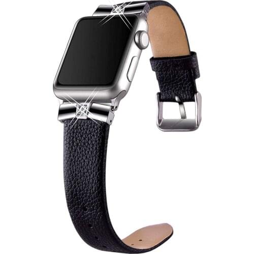 Black Leather Band for Apple Watch Bracelet 38mm 40mm Lychee Watch Strap Replacement for iWatch SE 42mm 44mm Women Watchband