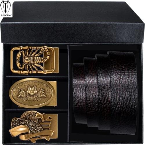 Luxury Boxed Mens Belts Set Gold Wolf Eagle Tiger Scorpion Bee Automatic Buckle Brown Coffee Genuine Leather Waistband for Men