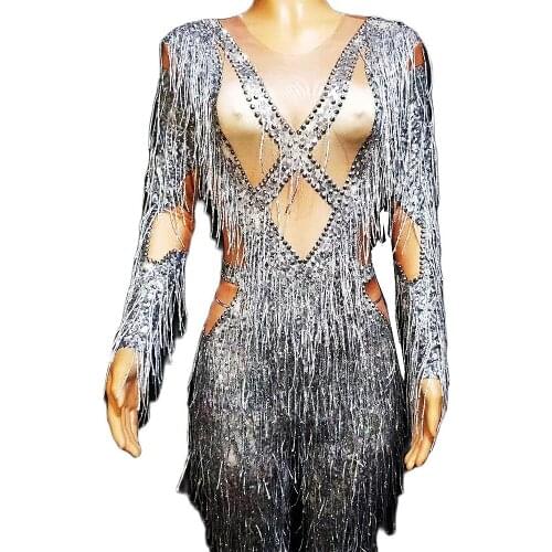 Long Sleeve Silver Tassel Women Jumpsuits Fringes Shining Rhinestones Bodysuits Jazz Dance Costumes Party Show Stage Wear