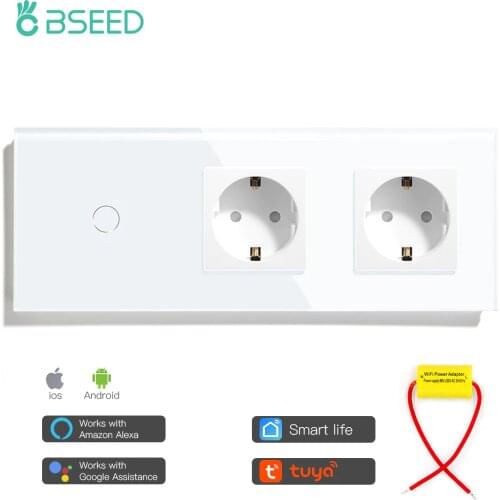BSEED Smart Wifi Touch Switch Work With Tuya With Double No Wifi Wall Socket Black White Gold Crystal Glass Panel For Russia