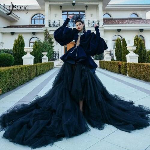 Chic Black Prom Dresses 2021 Couture Sexy High Low Unique Evening Dresses Long Sleeves Puffy Pageant Formal Party Gowns Custom