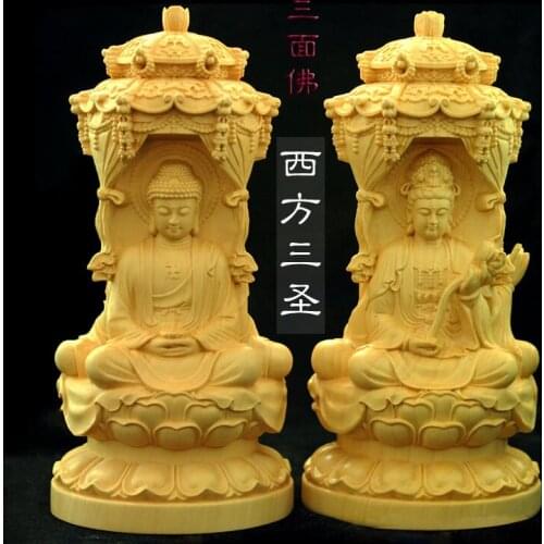 Solid wood Western Three Holy Buddha Sculpture Guanyin Bodhisattva hand-carved Home Feng Shui Decoration Fine carving Statue