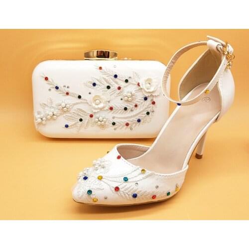 White Lace Flower wedding shoes with matching bags bride High heels Wedges Pumps Ladies Party shoe and bag set Ankle strap shoe