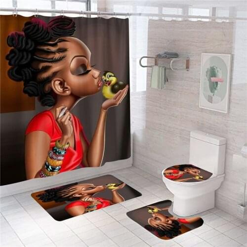 Bathroom Shower Curtain Africa Girls Waterproof Shower Curtain 3D Printed Polyester Non-Slip Rug Toilet Cover Bath Mat Set Rugs