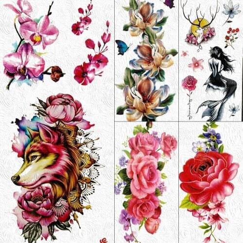 Beauty Wolf Fox Temporary Tattoos Flower Rose Sticker Body Art Arm Waterproof Tattoo For Women Paper DIY Fake Sexy Girls Tatoos