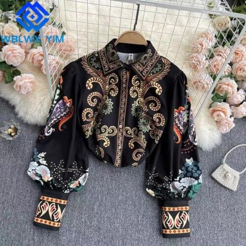 Vintage Shirt Women Lantern Sleeve Lapel Fashion Totem Print Shirts Spring Loose Plus size Womens tops and Blouses Casual Blouse