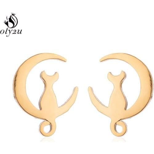 Oly2u New Fashion Cute Cat on Moon Earrings for Women Lucky Animal Stainless Steel Stud Earrings Jewelry oorbellen Birthday Gift