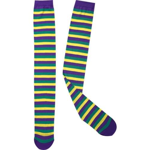 Women Girl Carnival Party Happy Socks Funny Cosplay Stocking Purple Green Yellow Stripe Thigh High Stocking Streetwear Long Sock