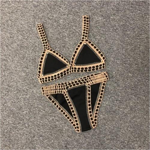 Women Sexy Swimwear with Elastic Swimsuit Handmade Crochet Black Color Bikini Sets