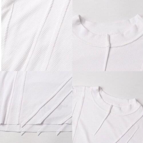 Women Short Sleeve O-Neck Crop Top Punk Ripped Ruched Striped Bodycon T-Shirt Sexy Cutout Irregular Hem Slim Streetwear