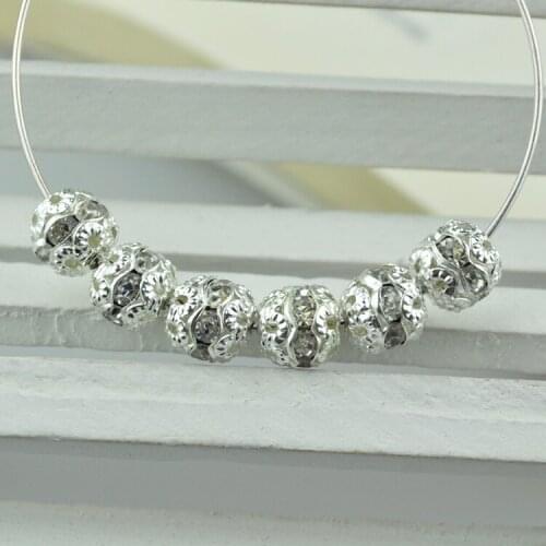 100pcs Silver Plated Metal Beads 10mm White Crystal Rhinestone Beads Spacer Charm Beads For Jewelry Making Bracelet DIY Beads